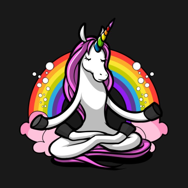 unicorn sitting cross-legged meditating in front of a rainbow