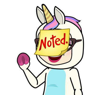 Admin Unicorn with a sticky on her forehead that says "noted"